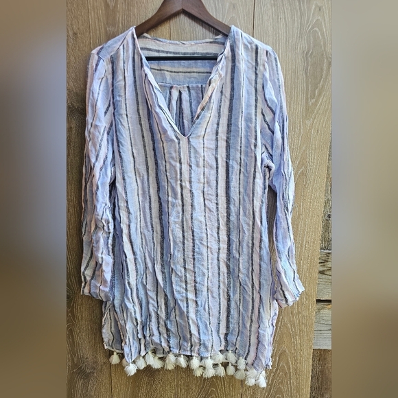 Tops - Linen Unique Pastel Striped V-Neck Tunic with Tassels